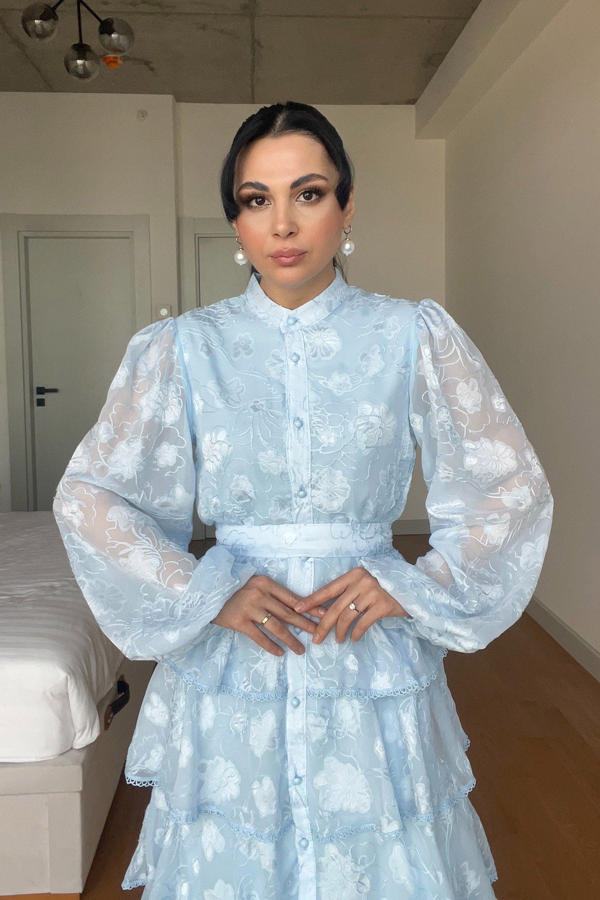 Bebe Mavisi Valonlu Şerit Detaylı Kat Kat Elbise SY-1747-Bebe Mavisi