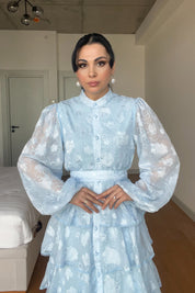 Bebe Mavisi Valonlu Şerit Detaylı Kat Kat Elbise SY-1747-Bebe Mavisi