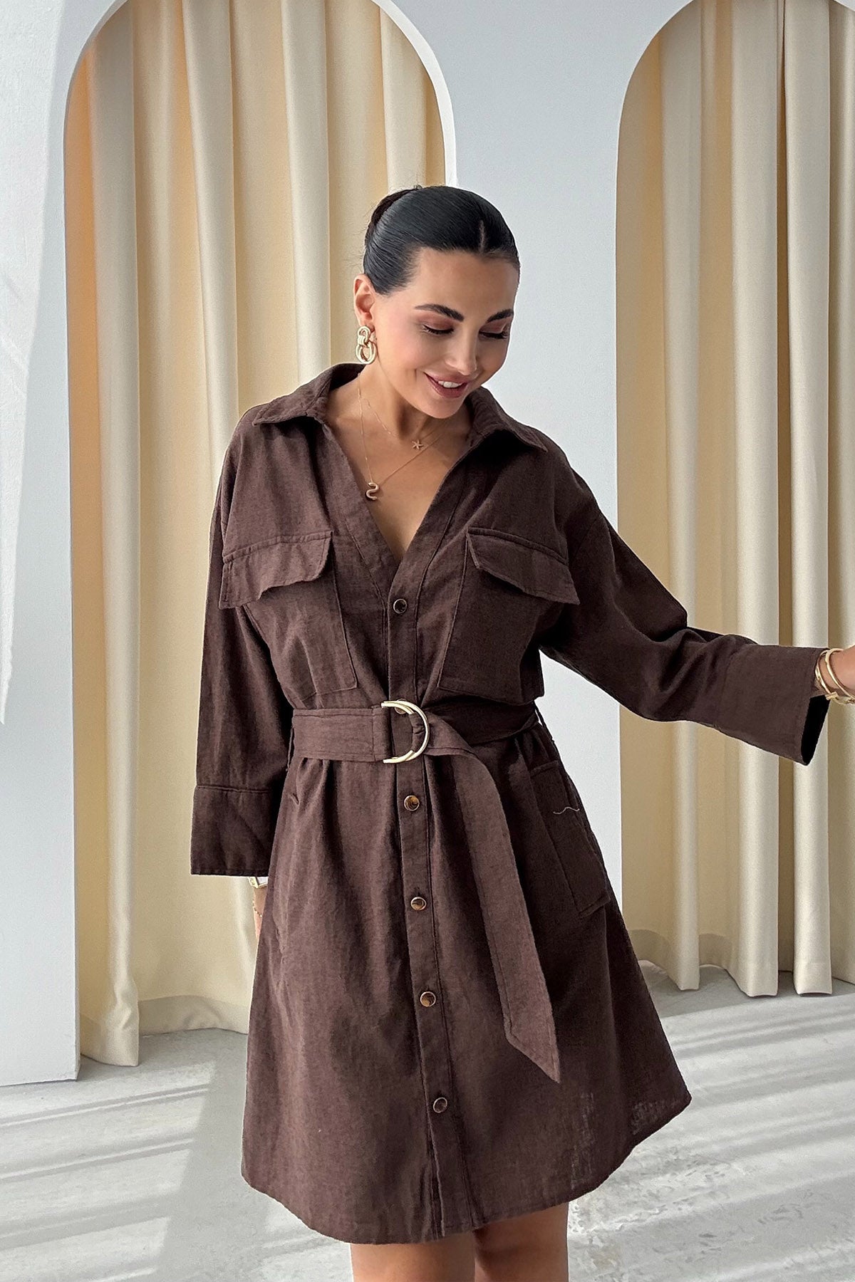Kahve Keten Kuşaklı Gömlek Elbise SY-3213-Kahve
