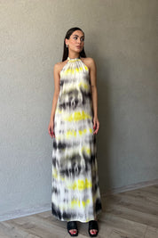 Sarı Çok Renkli Halter Yaka Uzun Elbise SY-2021-Sarı