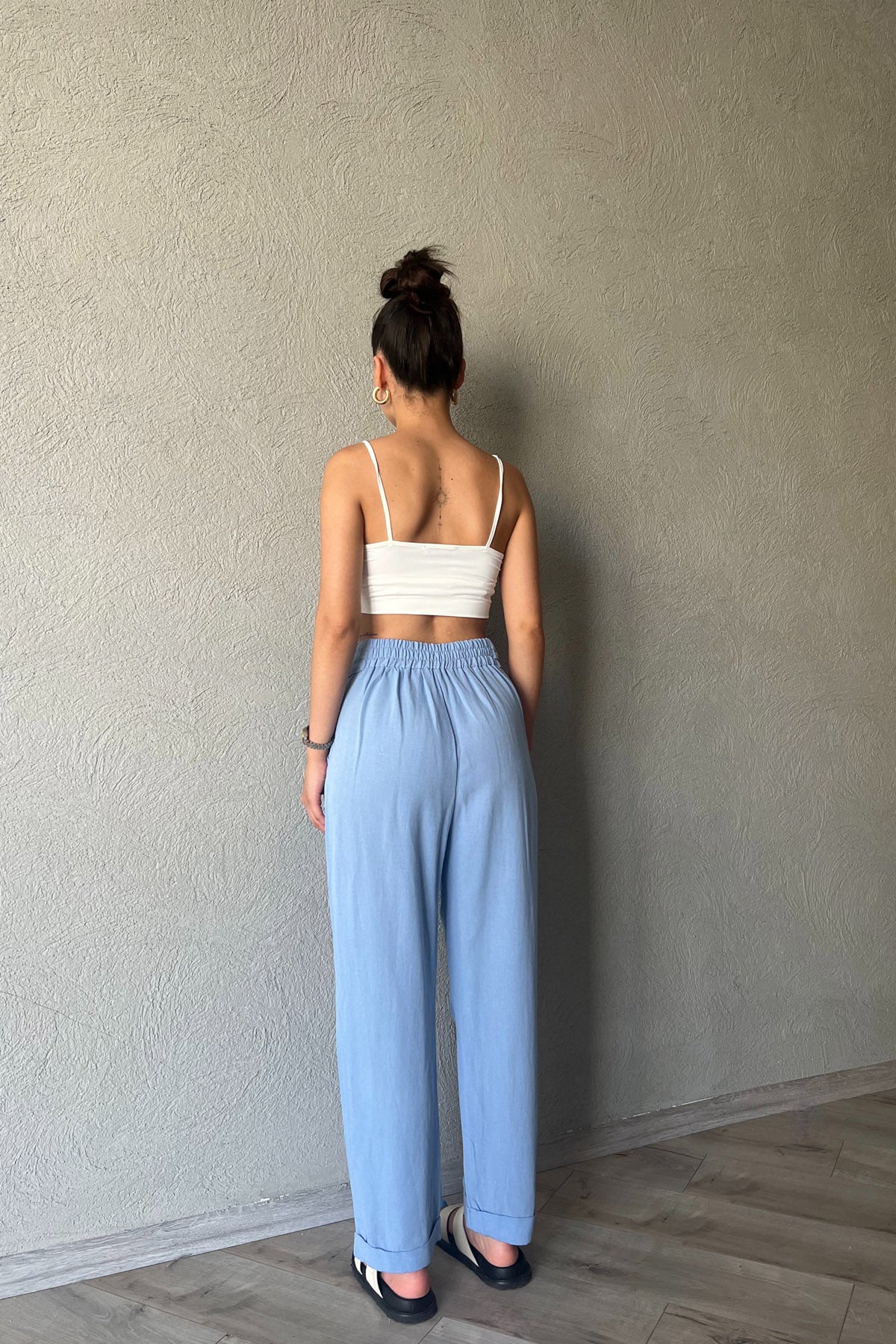 Mavi Bel Detaylı Keten Pantolon SY-2044-Mavi