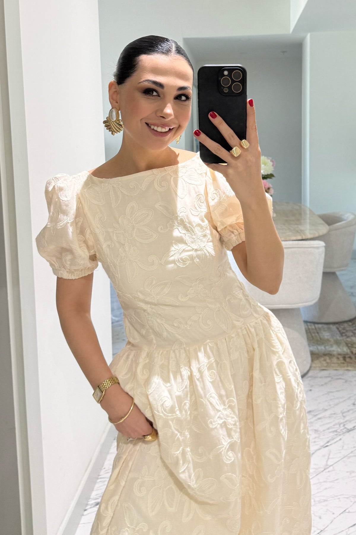 Brode Krem Midi Santorini  Elbise SY-3660-Krem