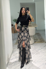 Siyah Ekoseli Fırfırlı Kat Kat Kemerli ETek SY-3525-SiyahEkose