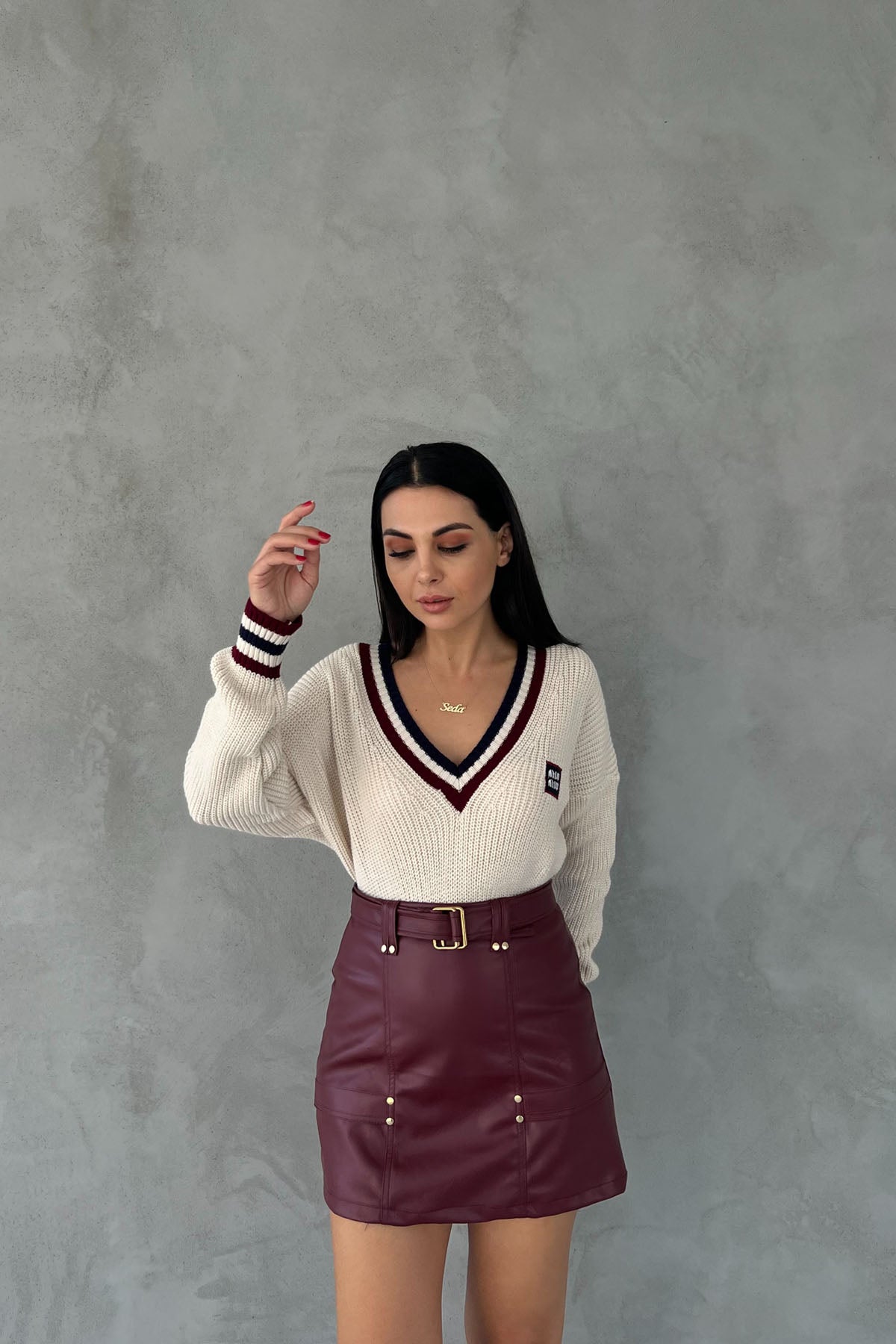 Bordo Kemerli Gizli Cep Detaylı Deri Etek SY-2485-Bordo