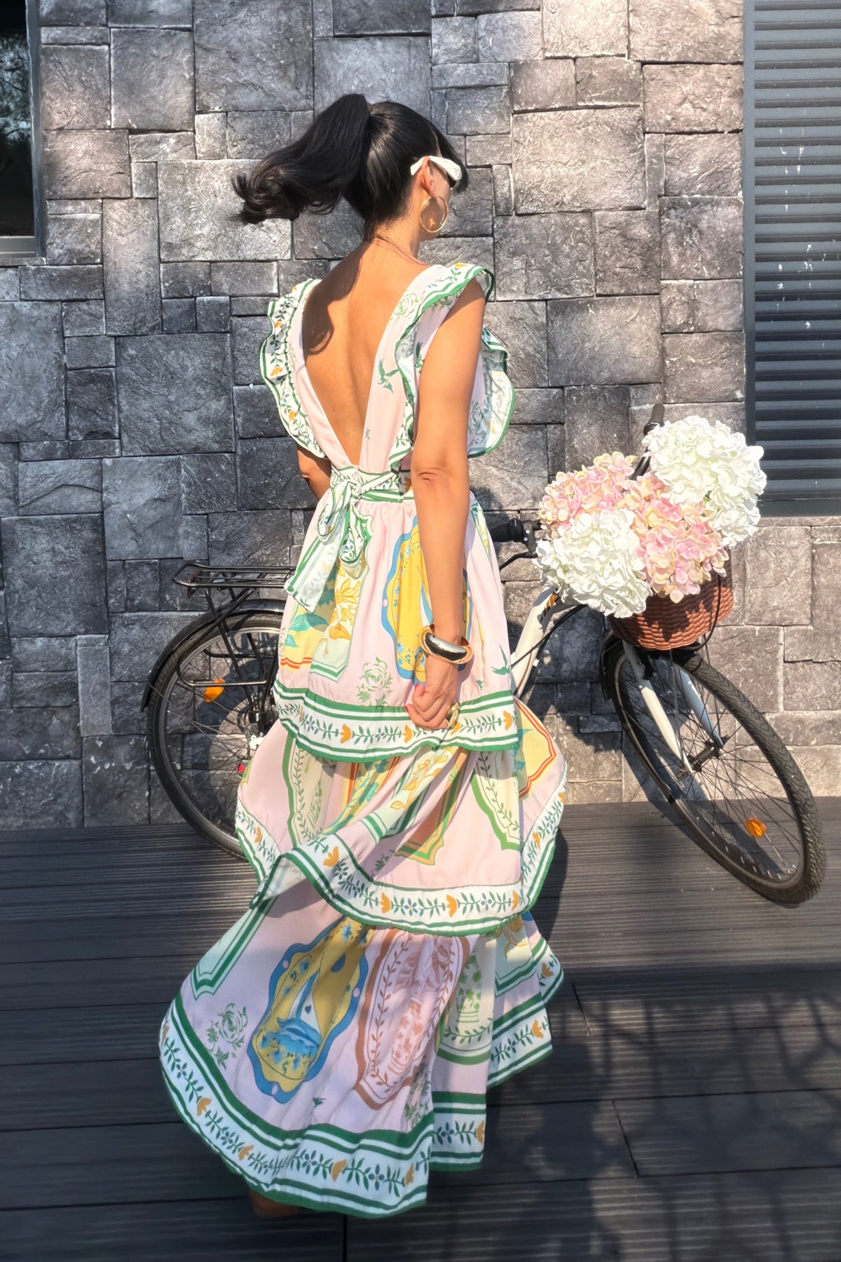 Pembe Sırt Dekolteli Kat Kat Desenli Elbise SY-3806-Pembe