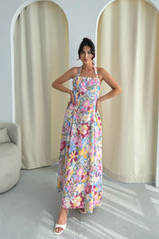 Çok Renkli Çiçek Desenli Midi Boy Keten Elbise SY-3267-Renkli