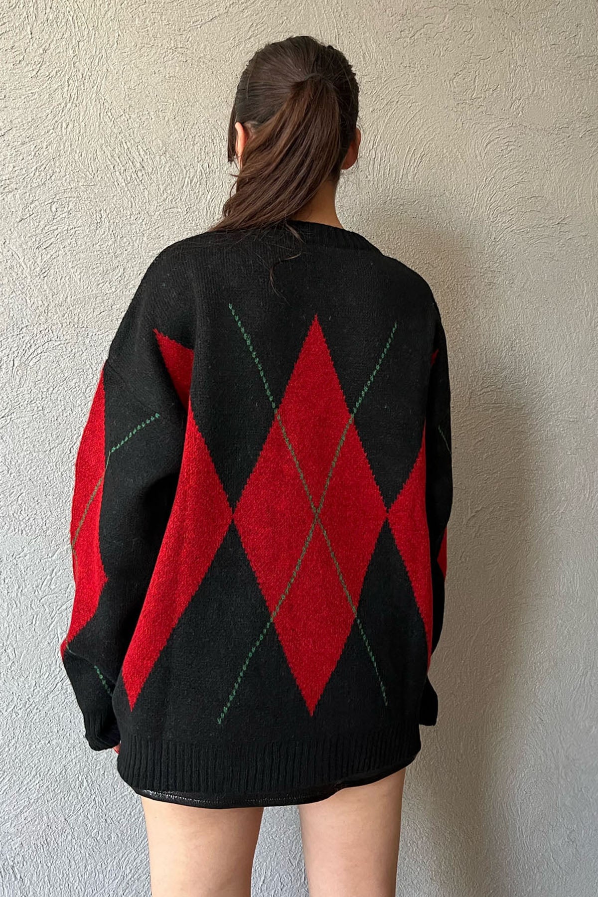 Siyah Baklava Desenli Yakalı Kazak SY-1302-Siyah