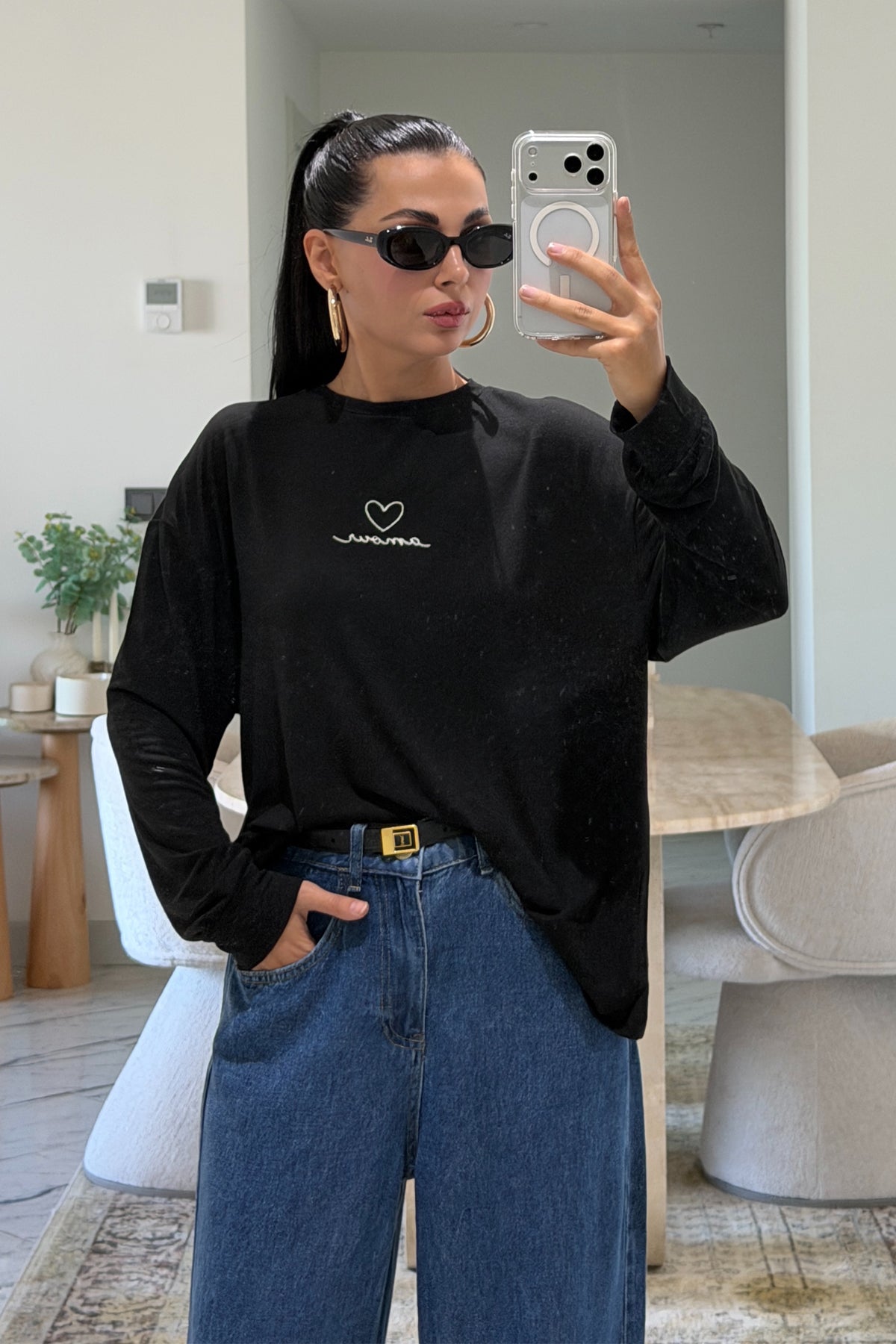 Siyah Amour Baskılı Oversize Uzun Kollu Tişört SY-3829-Siyah
