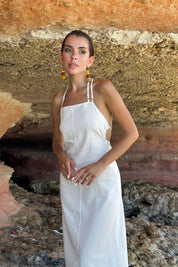 Ekru Sırt Dekolteli Çan Keten Elbise SY-0789-Ekru