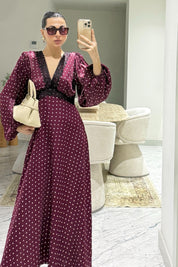 Bordo Puantiyeli Dantelli Saten Elbise SY-3579-Bordo