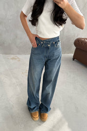 Mavi Asimetrik Düğmeli Kot Baggy Pantolon SY-3463-Mavi