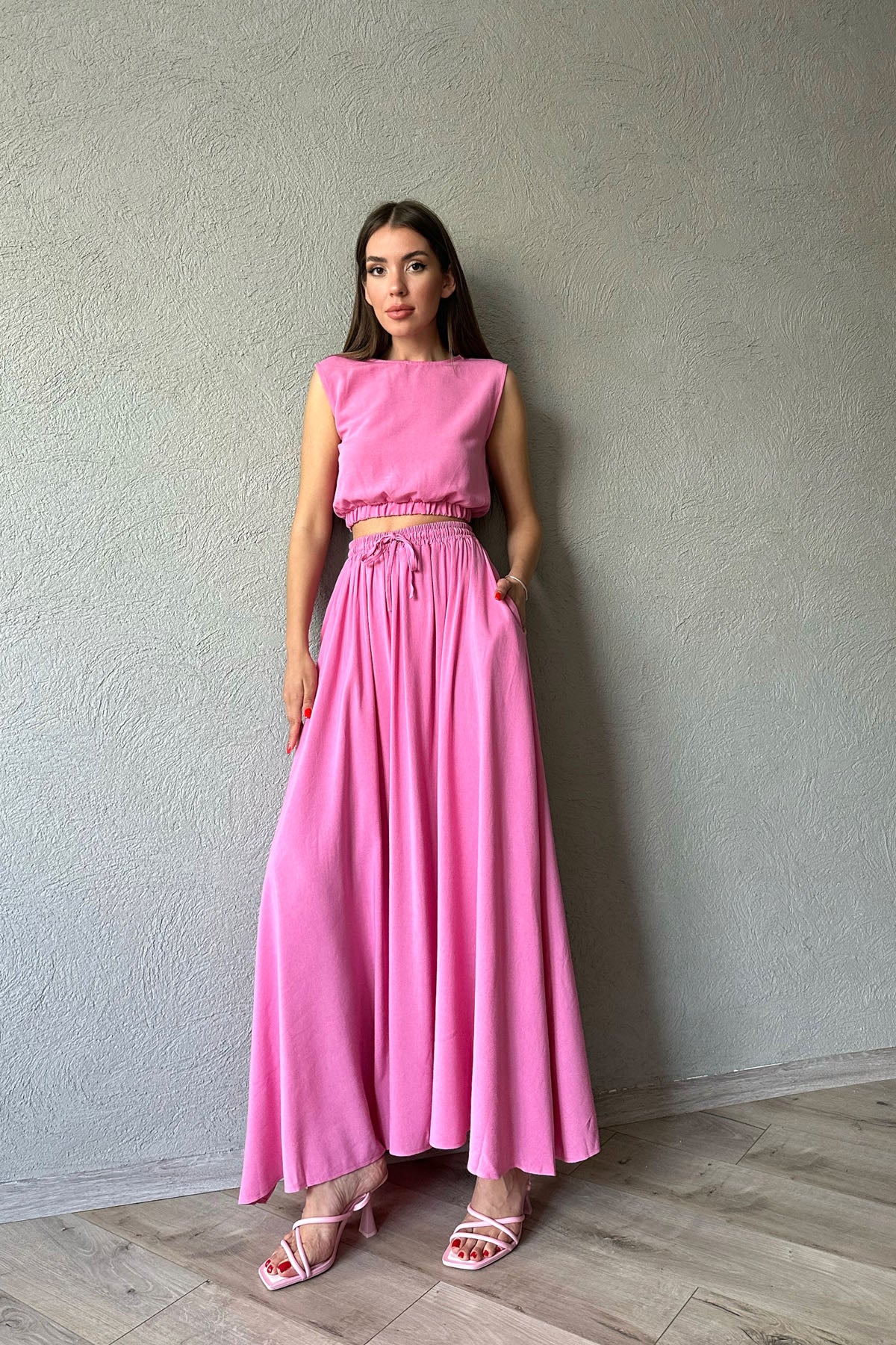 Pembe Keten Lastik Detaylı Uzun Etek ve Crop Takım SY-0516-Pembe