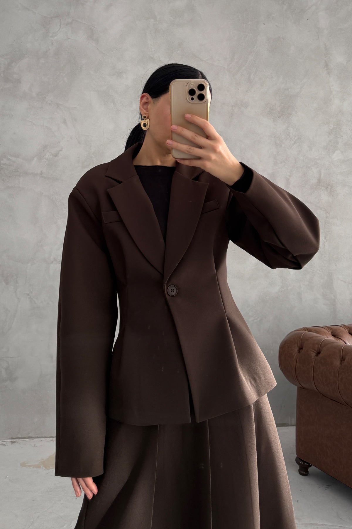 Kahverengi Pli Detaylı Ceket Etek Takım SY-3550-Kahverengi