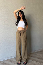 Haki Yama Cep Detaylı Bol Paça Keten Pantolon SY-2041-Haki