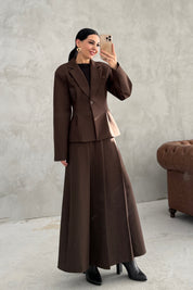 Kahverengi Pli Detaylı Ceket Etek Takım SY-3550-Kahverengi