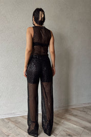 Siyah Pullu Transparan Bluz ve Beli Lastikli Pantolon Takım SY-1141-Siyah