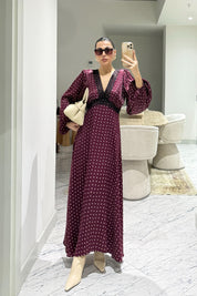 Bordo Puantiyeli Dantelli Saten Elbise SY-3579-Bordo