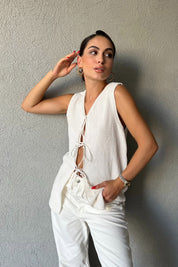 Ekru Bağcıklı Triko Yelek SY-2367-Ekru