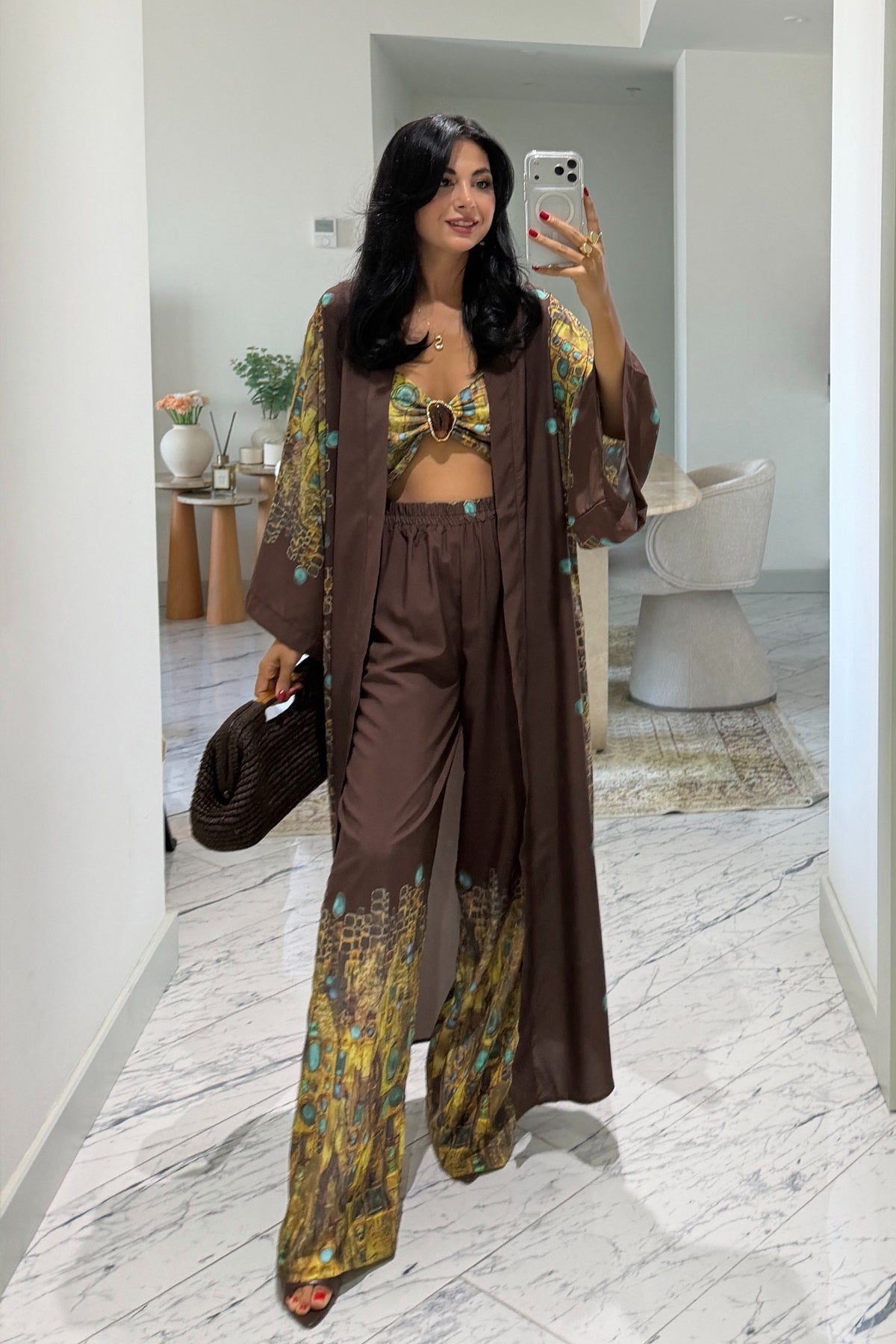 Premium Desenli Kimono Üçlü Takım SY-3818-Kahverengi