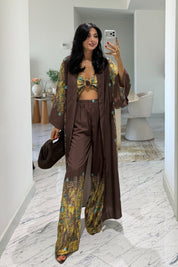 Premium Desenli Kimono Üçlü Takım SY-3818-Kahverengi