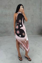 Asimetrik Kesik Halter Yaka Midi Elbise SY-3326