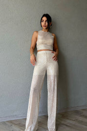 Bej Pullu Transparan Bluz ve Beli Lastikli Pantolon Takım SY-1141-Bej