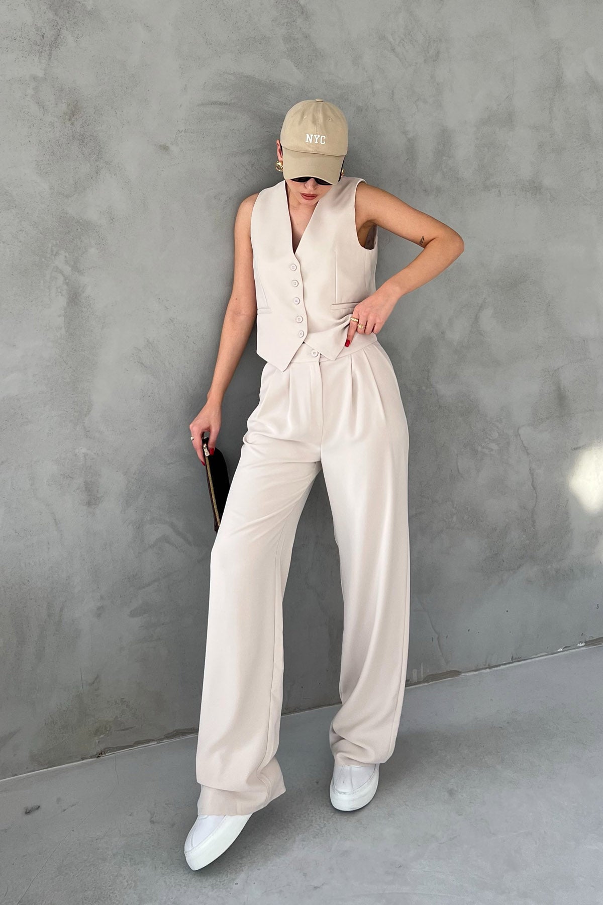 Taş Cep Detaylı Yelek Palazzo Pantolon Takım SY-2468-Taş