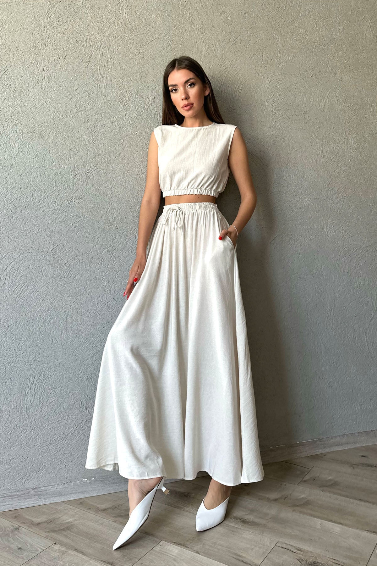 Naturel Keten Lastik Detaylı Uzun Etek ve Crop Takım SY-0516-Naturel