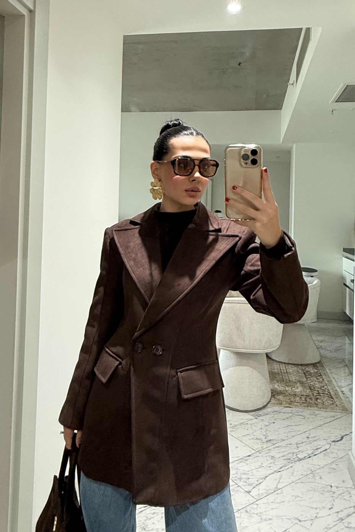 Acı Kahve Süet Belden Oturmalı Tasarım Ceket SY-3486-Kahverengi