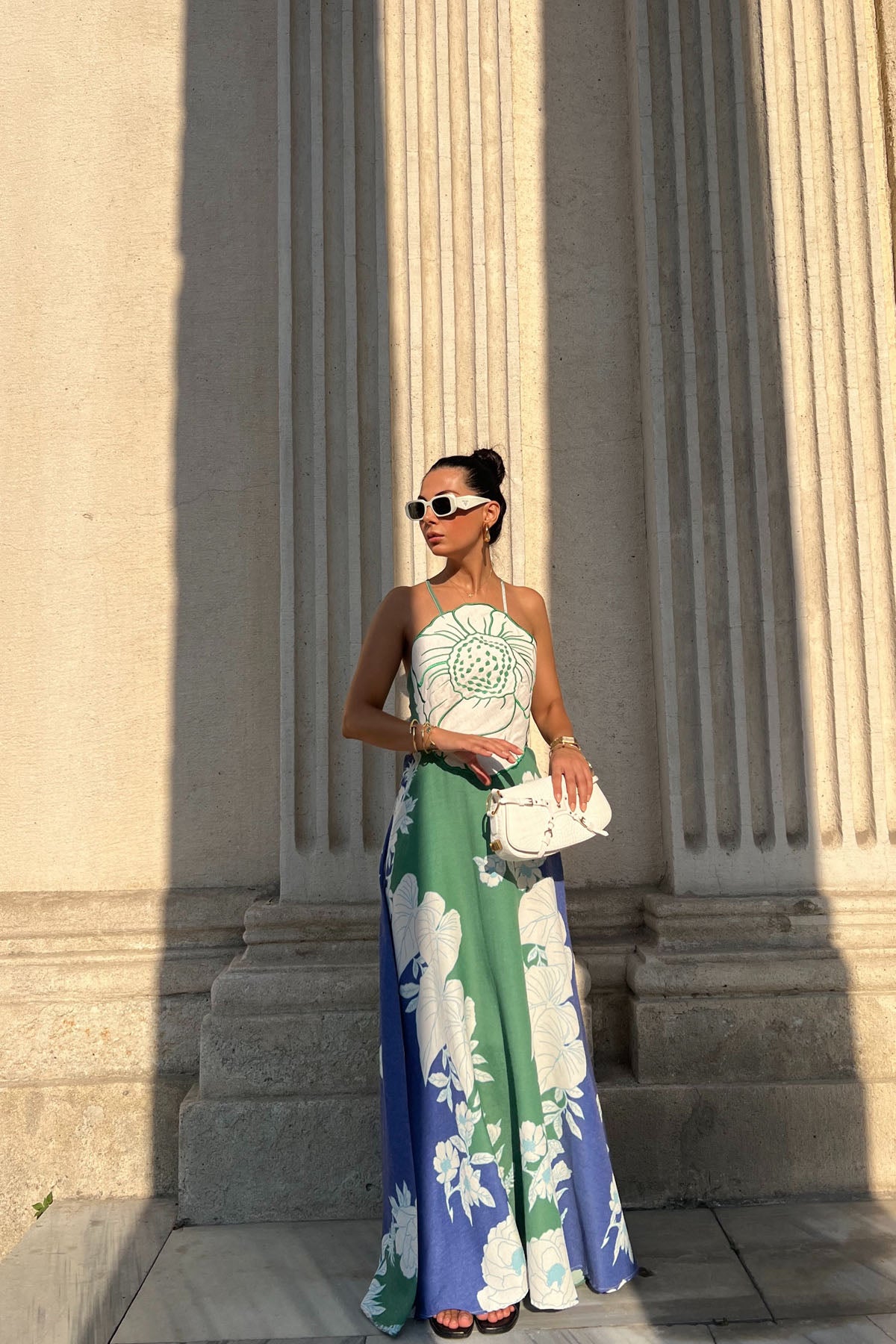 Renkli Positano Sırt Bağlamalı ve Çiçek Desenli Keten Elbise SY-2320-Renkli