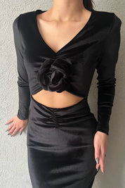 Siyah Gül Detaylı Kadife Elbise SY-1499-Siyah