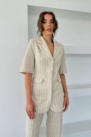 Bej Çizgili Sırt Detaylı Ceket ve Pantolon Takım SY-0389-Bej