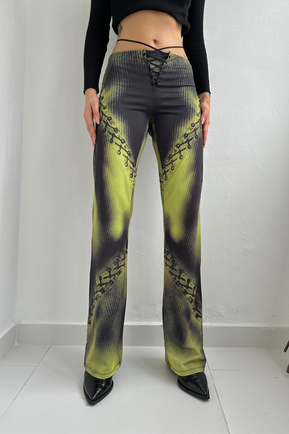 Siyah Desenli Beli Bağlama Detay Pantolon SY-0118-Siyah