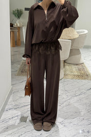 Kahverengi Dantel Detaylı Eşofman10Takım SY-3627-Kahverengi