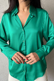 Yeşil Saten Düğmeli Gömlek SY-0867-Yeşil