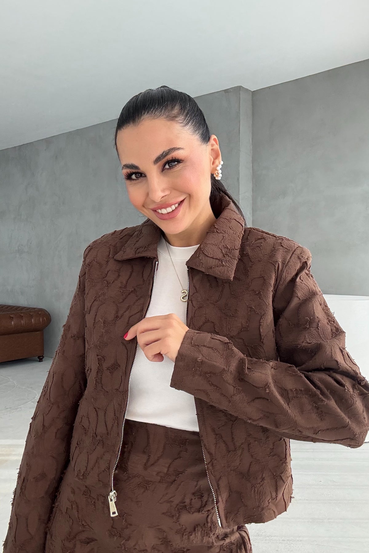 Kahve Jakarlı Etek Ve Ceket Takım SY-3456-Kahve