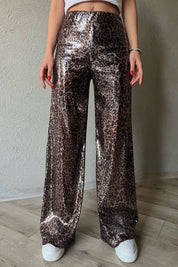 Leopar Desenli Pullu Beli Lastikli Bol Paça Pantolon SY-1296-Leopar