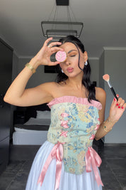 Pembe Çiçek Desenli Kurdelalı Korse Kadın SY-3714-Pembe