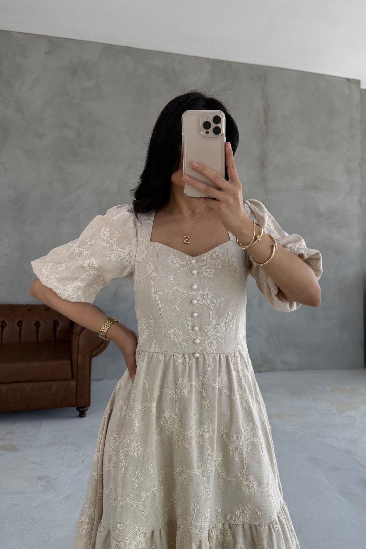 Marsilya Balon Kollu İşlemeli Bej Elbise SY-3222-Bej