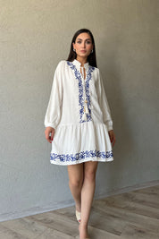 Beyaz Nakış Detaylı Keten Elbise SY-2043-Beyaz