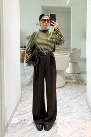 Kahverengi Kadın Yüksek Bel Pileli Palazzo Pantolon SY-3646-Kahverengi