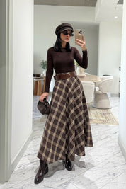 Kahve-Bej Ekose Desenki Kloş Etek SY-3527-Kahverengi