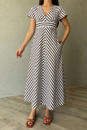 Kahverengi Çizgili Kısa Kol Elbise SY-2074-Kahverengi