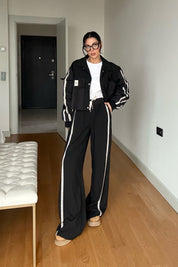 Siyah Şerit Yazı Detaylı Yüksek Bel Pantolon SY-3392-Siyah