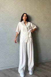 Bej Tensel Kısa Kol Gömlek Pantolon Keten Takım SY-2077-Bej