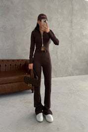 Kahve Lost Fermuarlı Sweatshirt Tayt Takım SY-3446-Kahve