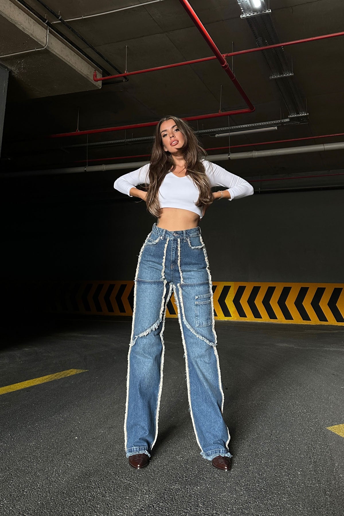 Mavi Püsküllü Cep Detaylı Wide Leg Yüksek Bel Jean SY-1050-Mavi