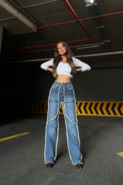 Mavi Püsküllü Cep Detaylı Wide Leg Yüksek Bel Jean SY-1050-Mavi