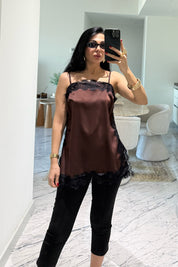 İp Askılı Saten Kahverengi Dantel Detaylı Bluz SY-3655-Kahverengi