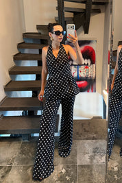 Lacivert Puantiyeli Bluz ve Bol Paça Pantolon İkili Takım SY-3738-Lacivert